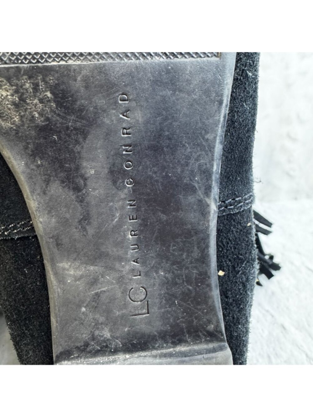 LC Lauren Conrad Thia Black Suede 3 Tier Fringe MidCalf Moccasin Boots Women 6M - Picture 8 of 14